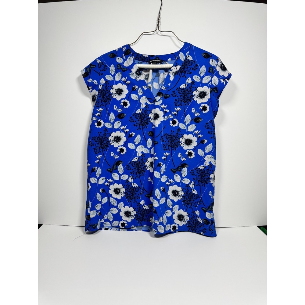Hilary Radley Blouse Top Womens Medium Blue Black Floral Print Cap Sleeve V Neck